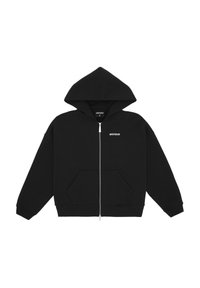 Felpa nera con zip realizzata in tessuto morbido, dotata di un ampio cappuccio, tasca a marsupio e logo bianco sul petto.