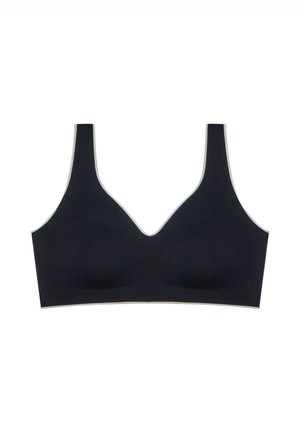 Sutien wireless negru, fără cusături, cu bretele late și decolteu în formă de V, oferind o acoperire netedă și confortabilă.