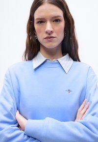 Νεαρή γυναίκα με μακριά καστανά μαλλιά στέκεται με σταυρωμένα τα χέρια, φορώντας ασημένια κρικάκια, ένα ανοιχτό μπλε φούτερ και ένα πουκάμισο με γιακά από μέσα.