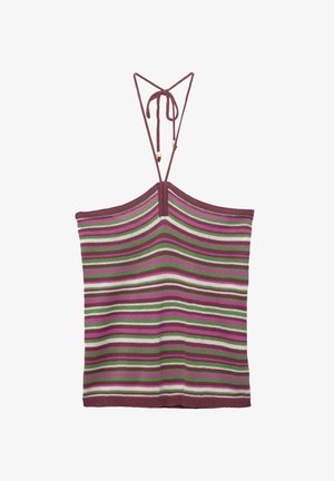 Strick-Tanktops mit verstellbaren Bändern, ausgestattet mit vertikalen Streifen in Burgunderrot, Grün, Weiß und Pink. Die Textur ist weich und dehnbar.
