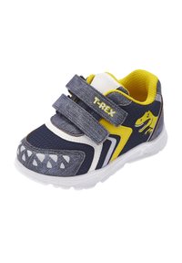 Zapatillas infantiles azules y amarillas con dos tiras de velcro, que presentan un diseño de T-Rex, textura similar a la de un vaquero y suela de goma blanca con acentos triangulares.