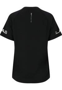 Zwart sportieve t-shirt met een gladde textuur, korte raglanmouwen en reflecterende accenten. Op de achterkant en op de mouwen staat de branding "ELITE LAB".