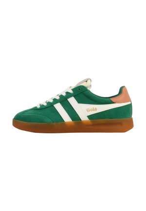 Green suede sneaker with white stripes and Gola logo, featuring a gum rubber sole and light pink accents on the heel.