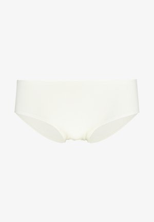 Cueca hipster em algodão branco com mistura, textura suave, design de cintura baixa e sem costuras visíveis. Apresenta uma aparência simples e minimalista.