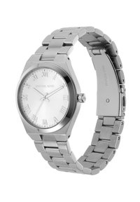 Orologio in acciaio inossidabile argentato con cassa ottagonale, quadrante bianco, numeri romani e design con bracciale a maglie. Chiusura con fibbia regolabile.