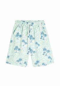 Lysblå shorts med et palme-træ mønster på en bølget mintgrøn baggrund. Har en elastisk talje med snor.