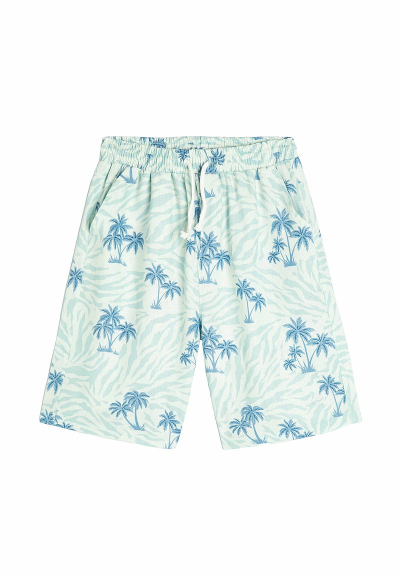Lysblå shorts med et palme-træ mønster på en bølget mintgrøn baggrund. Har en elastisk talje med snor.