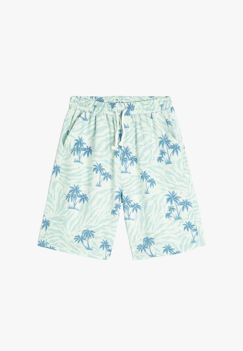 Pantalones cortos celestes con un patrón de palmeras sobre un fondo verde menta con forma de olas. Cuentan con una cinturilla elástica y cordones.