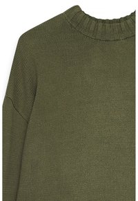 Olive green knit sweater featuring a ribbed crew neckline, textured fabric, and dropped shoulder seams for a relaxed fit.
