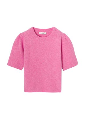 Pull court à manches courtes de couleur rose, fabriqué en tissu doux, avec un col rond et des manches bouffantes avec des poignets côtelés. Texture lisse et couleur solide.