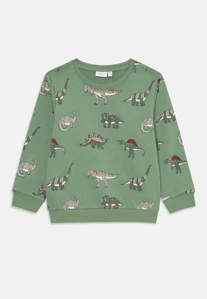 Groene sweatshirt met verschillende dinosaurusstillustraties in grijstinten en rood, met ribgebreide manchetten en zoom.