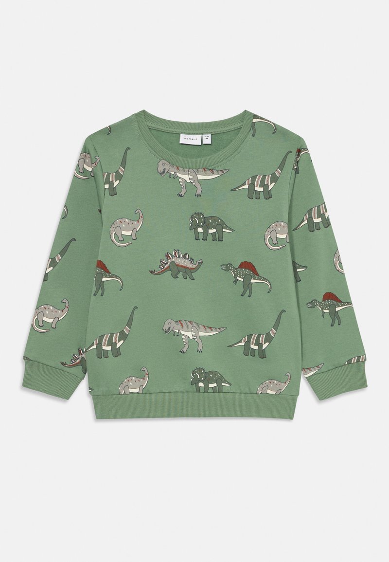 Felpa verde con varie illustrazioni di dinosauri in tonalità di grigio e rosso, con polsini e orlo a costine.