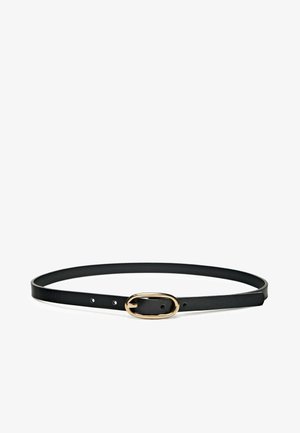 Black leather belt featuring a smooth texture, a narrow design, and an oval gold metal buckle with multiple adjustment holes.