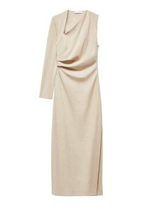 Beige pitkähiha vestido, jossa on drapattu kaula-aukko ja sivurypytys, ohenemalla siluetti ja halkio vasemmalla puolella. Sileä rakenne.