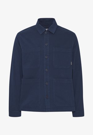 Tumesinine jakk, mis on valmistatud puuvillase segu kangast, varustatud nööbist avatava kinnise, kahe rinna tasku ja klassikalise kraedisega.