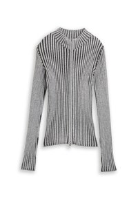 Grauer, gerippter Pullover mit hohem Kragen, langen Ärmeln und einem Reißverschluss vorne. Hat abwechselnd dunkle und helle graue Streifen. Strukturierter Strickstoff.