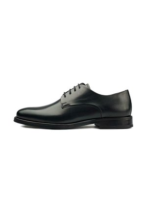 Black leather dress shoe with a smooth finish, rounded toe, five eyelet lace-up design, and a low stacked heel.