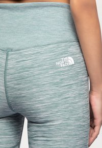 Leggings verdi con texture e una cintura ampia. Il logo del marchio, "The North Face," è stampato in bianco sul lato sinistro in basso.