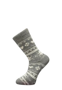 Grauer, gemusterter Socken mit weißen geometrischen Designs, darunter Herzen, Rauten und Streifen. Rippenbündchen und weicher, strukturierter Stoff.