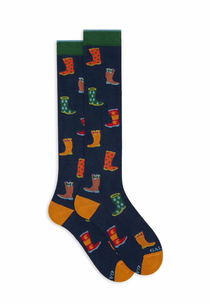 Kniestrümpfe mit navyblauem Hintergrund und bunten Gummistiefelmuster in verschiedenen Formen, Stilen und Farben; orangefarbene Akzente an der Spitze.