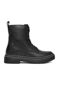 Schwarze Leder-Stiefeletten mit strukturierter Oberfläche, einem vorn geschnürten Design, einer robusten Gummisohle und weißen Ziernähten.