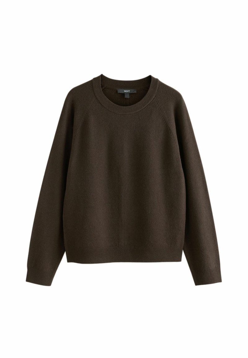 Maglione marrone a girocollo realizzato in tessuto morbido con maniche raglan e polsini e orlo a costine. Presenta una vestibilità rilassata e un colore uniforme.