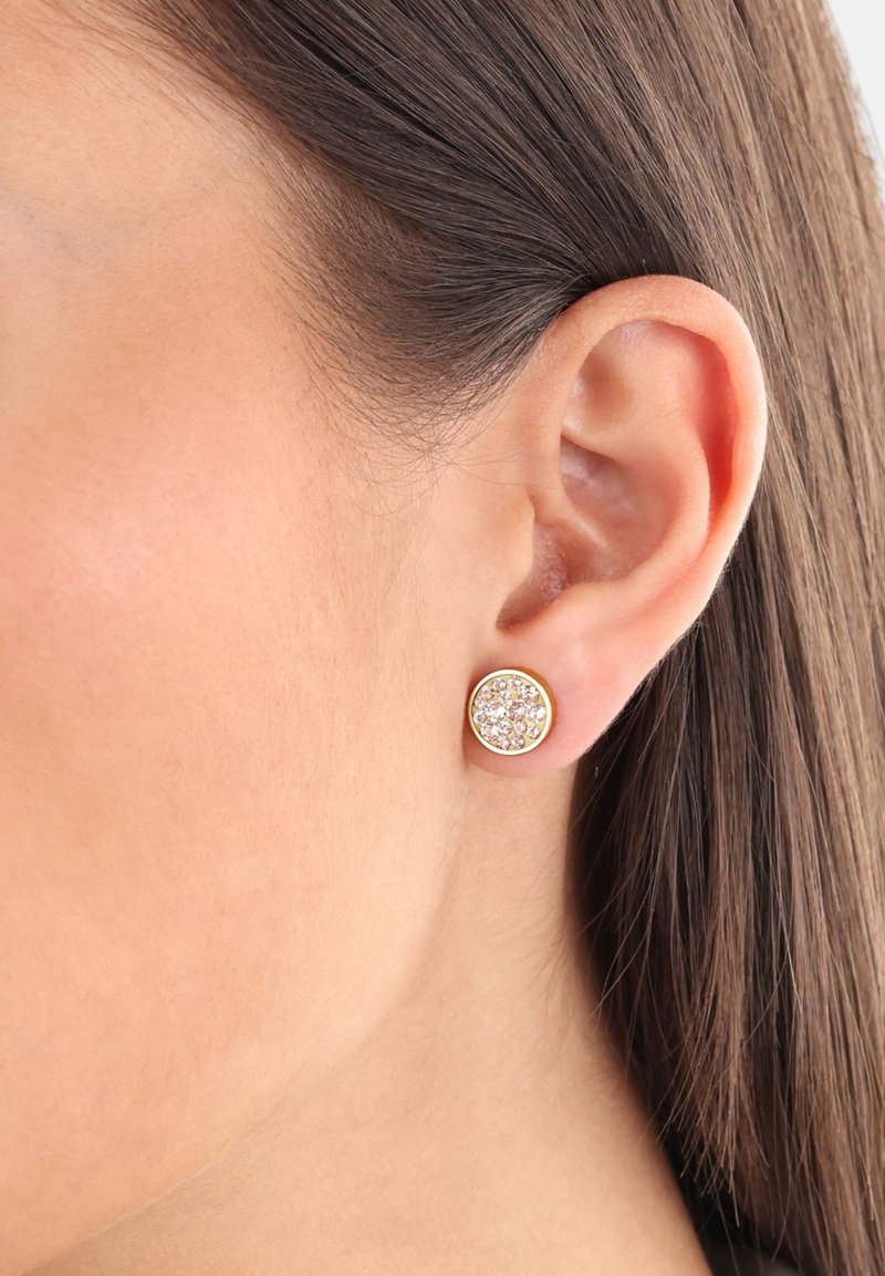 Orecchini a farfallina in tono dorato con un design circolare e un cluster di cristalli trasparenti al centro, che conferiscono un effetto scintillante.