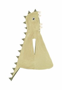Poncho verde con tema de dinosaurio, de tela suave y texturizada, con picos, capucha con ojos y abertura frontal para facilitar su uso.