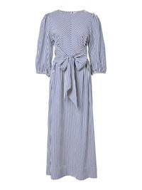 Striped dress featuring blue and white vertical lines, long puff sleeves, round neckline, and a tied waist detail. Mid-calf length.