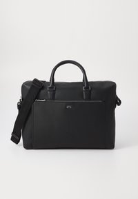 Svart laptopveske med glatt finish, doble topphåndtak, avtagbar stropp, frontlomme med glidelås og preget logo på framsiden.