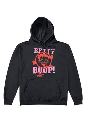 Czarna bluza z kapturem z kieszenią z przodu, z grafiką w kolorze czerwonym i różowym przedstawiającą Betty Boop oraz napisem "BETTY BOOP! OFICJALNY Członek Klubu Fanów #352."