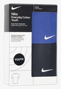 Nike Everyday Cotton Youth undershirt pack, featuring one blue and one black crew neck shirt, cotton material, and white logo accents.