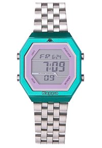 Digital klocka med en åttakantig teal-kapsel, lila detaljer och ett silverfärgat metallarmband. Har en digital display med dubbel tidinställning.