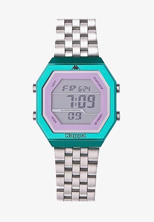 Digitale Uhr mit einem achteckigen türkisfarbenen Gehäuse, lila Akzenten und einem silbernen Metallarmband. Verfügt über ein digitales Display mit zwei Zeiteinstellungen.