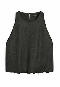 Zwarte mouwloze top met een ronde halslijn, gestructureerde stof en een gegatherde zoom. Beschikt over een discrete rits aan de achterkant.