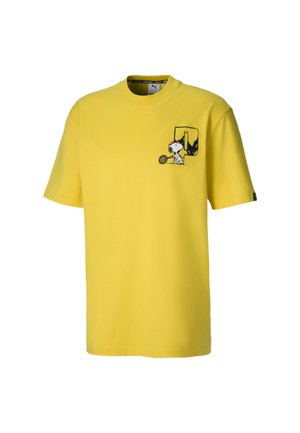 Gelbes Baumwoll-T-Shirt mit kurzen Ärmeln, Rundhalsausschnitt und einem schwarz-weißen Hundemotiv auf der Brust, der einen Tennisschläger hält.