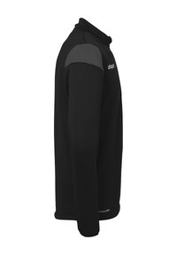 Schwarzes Fleece-Oberteil mit langen Ärmeln und hohem Kragen, grauen Schulterakzenten und einer weichen Textur. Verfügt über ein Branding auf der Brust und am unteren Saum.