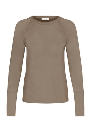 Langarm taupe trui met ronde hals en geribbelde boorden, gemaakt van zachte gebreide stof.