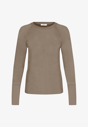 Langarm taupe trui met ronde hals en geribbelde boorden, gemaakt van zachte gebreide stof.