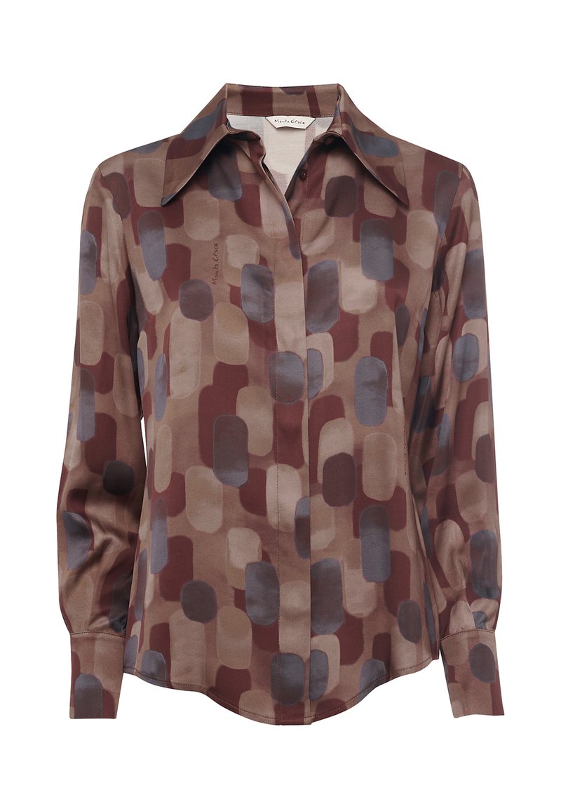 Camicia marrone a maniche lunghe in materiale setoso con un motivo geometrico di rettangoli in toni smorzati di marrone, blu e grigio.