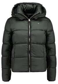 Mörkgrön vadderad vinterjacka med huva, framdragkedja, sidofickor och en liten logotyp på vänster bröst.