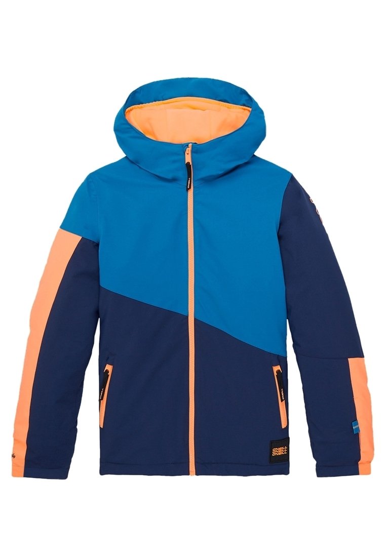 Blå och marinblå hoodie-jacka med persiko accenter på dragkedjan, fickorna, innersidan av huvan och ärmsnoddarna, avbildad mot en vit bakgrund.