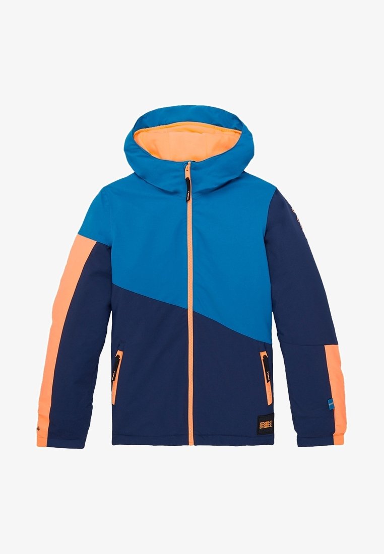 Blå och marinblå hoodie-jacka med persiko accenter på dragkedjan, fickorna, innersidan av huvan och ärmsnoddarna, avbildad mot en vit bakgrund.