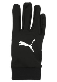Zwarte handschoenen van zacht, rekbaar materiaal, met een contrasterend wit Puma-logo en een manchettenontwerp.