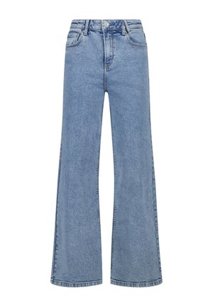 Lyseblå, højtaljede jeans med vide ben, forrest med knapper og lynlås, forlommer og bæltestropper, vist på en hvid baggrund.