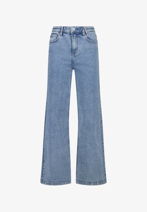 Hellblaue Jeans mit hoher Taille und weitem Bein, vorne mit Knöpfen und Reißverschluss, Vordertaschen und Gürtelschlaufen, auf weißem Hintergrund dargestellt.