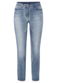 Vaqueros de mezclilla azul claro con corte recto, textura desgastada, cinco bolsillos, trabillas para cinturón y un botón metálico en la cinturilla.