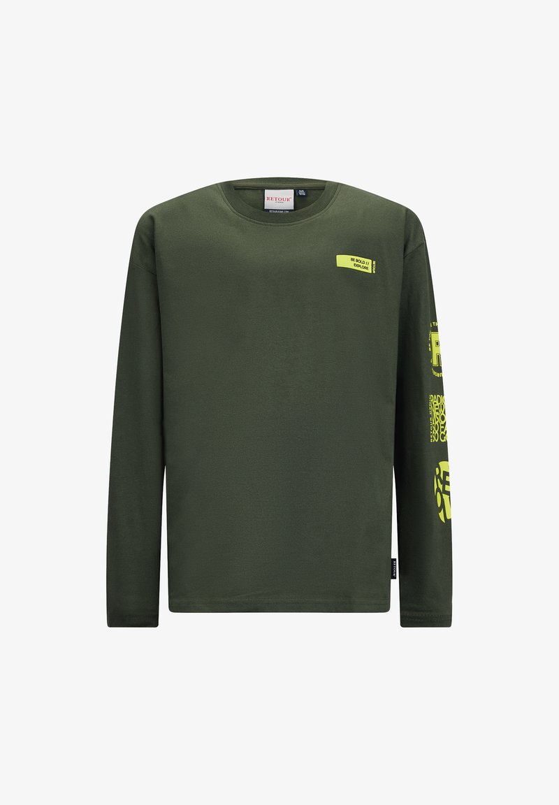 T-shirt a maniche lunghe verde oliva in tessuto morbido, con testo grafico giallo sul petto e su entrambe le maniche. Collo rotondo, vestibilità comoda.