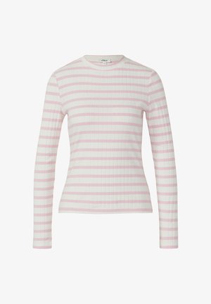 Długi rękaw z prążkowanej tkaniny, z białymi i jasnoróżowymi poziomymi paskami. Okrągły dekolt i dopasowany krój.