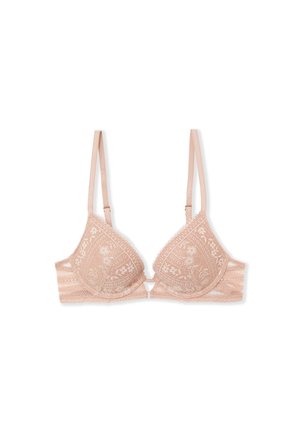 Soutien-gorge triangle en dentelle rose pâle, avec motifs floraux, bretelles réglables, et fermeture à agrafes, orné de bords festonnés.